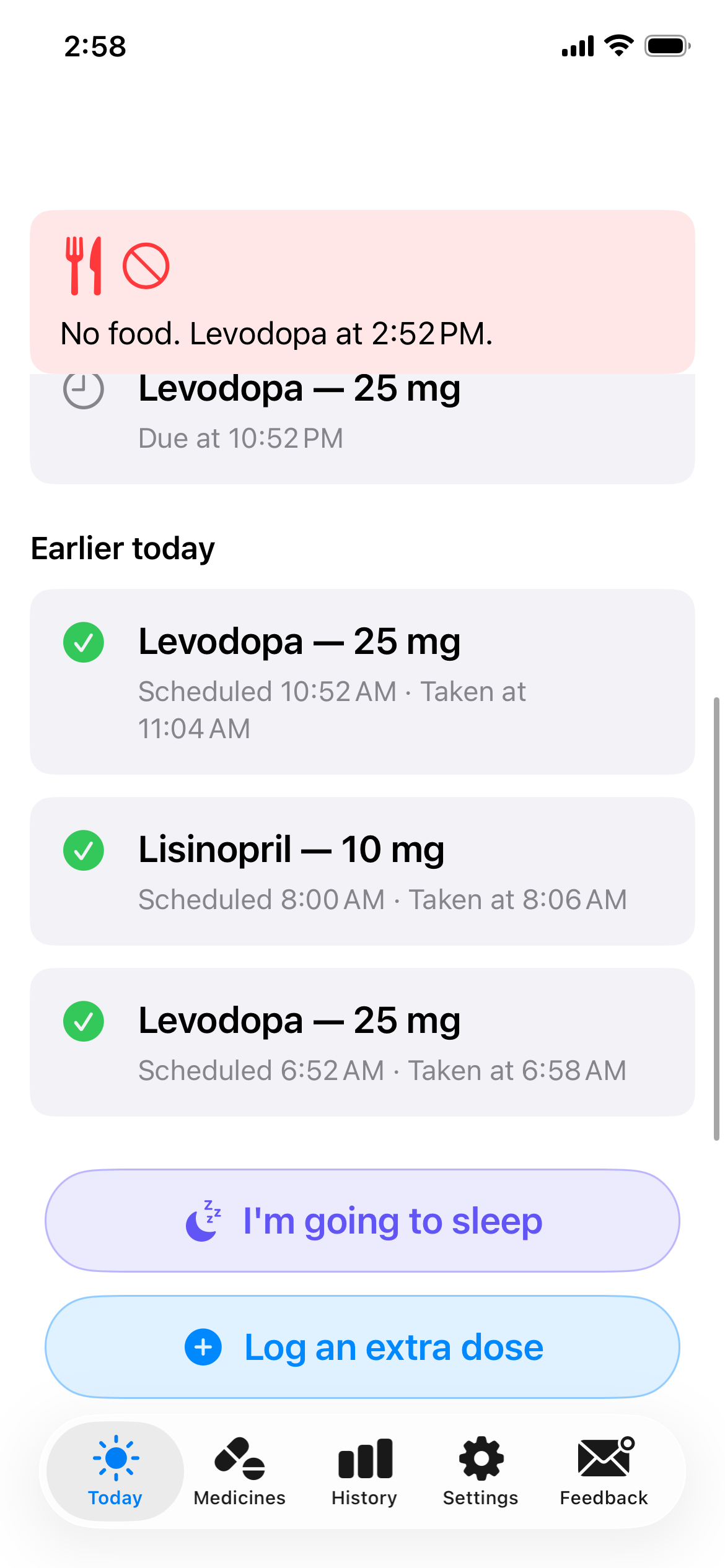 Taken Today screen scrolled to earlier doses